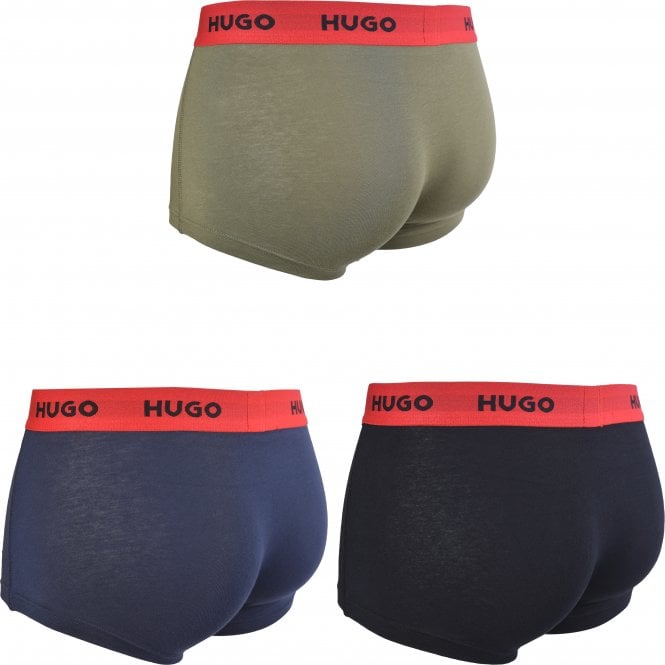 3-Pack Red Waistband Boxer Trunks, Navy/Khaki/Black