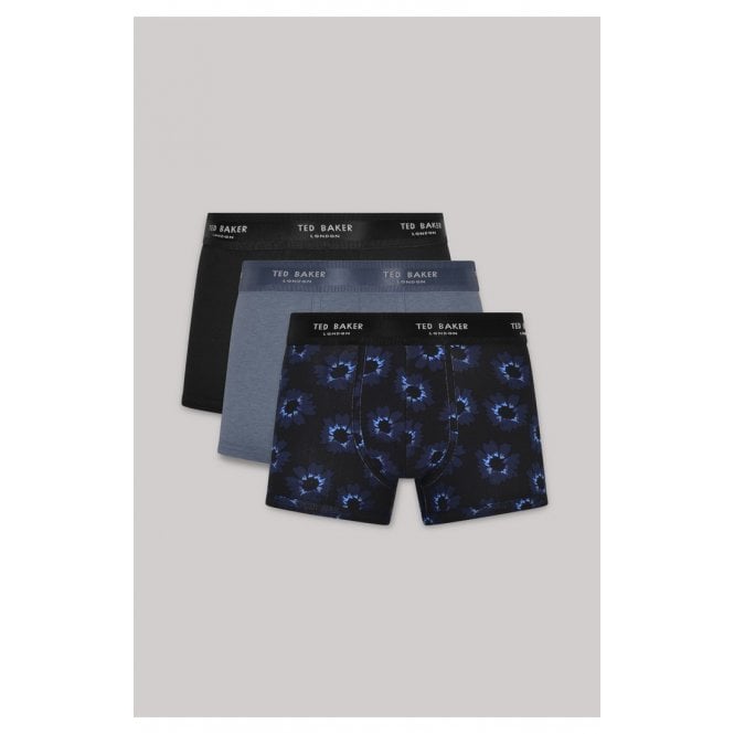 3-Pack Cotton Stretch Boxer Trunks, Black, Floral, Blue