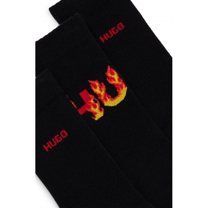 3-Pack Flames Logo Ribbed Sports Socks, Black