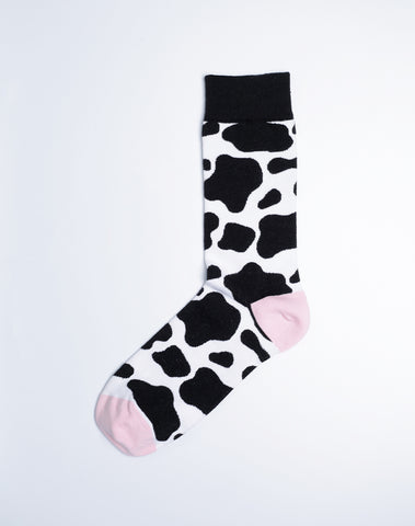 Cowprint Moo Animal Crew Socks for Women - White and Black with Pink Toes