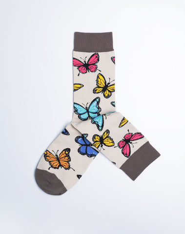 Women's Bunches of Butterflies Crew Socks - Beige Brown Color Printed Socks