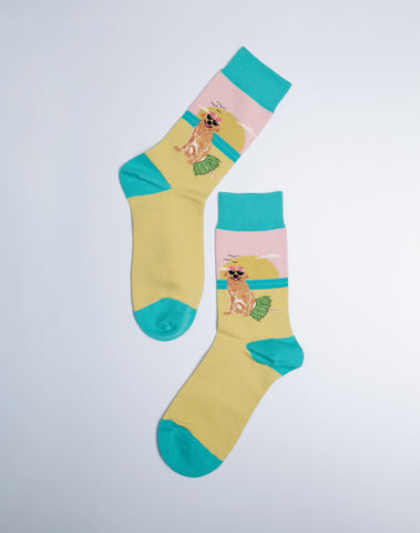 Cute and Funny Beach Dog Crew Socks for Women - Yellow/Blue Color Socks