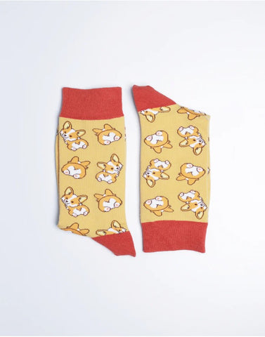 Corgi Love Dog Crew Socks - Cotton Made Yellow/Red color Socks