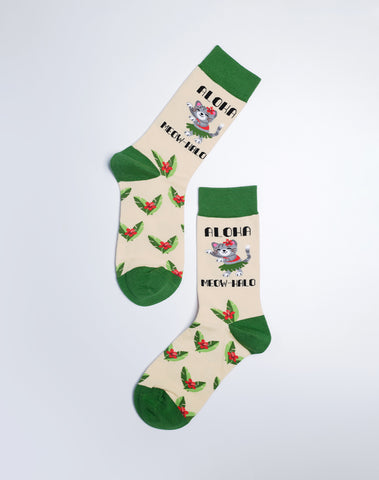 Aloha Meowhalo Cat Crew Socks for Women - Beige/Green Color Cotton made