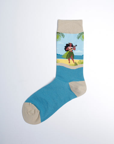 Blue Color Beach Crew Socks - Hawaiian Girl Cotton Socks