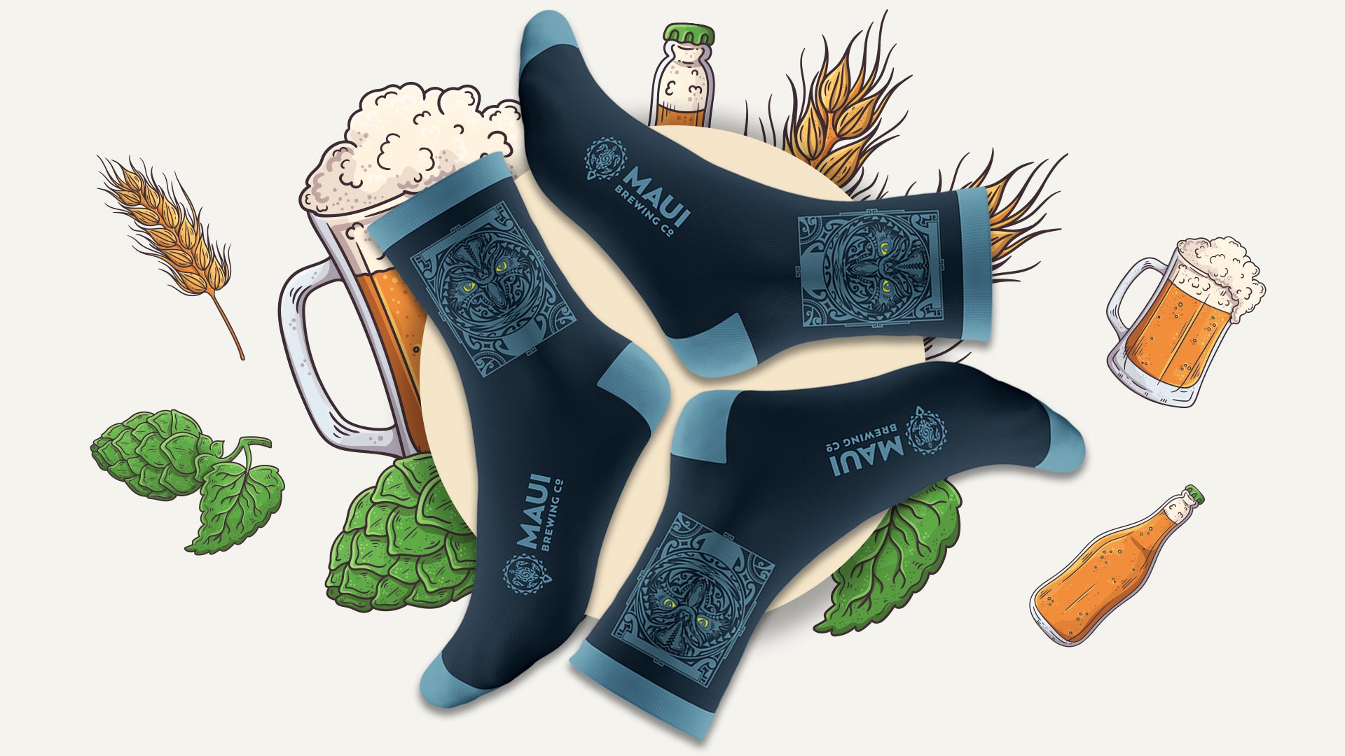 Maui Brewing Company Pueo Pale Ale Crew Socks - Navy Blue color Cotton made