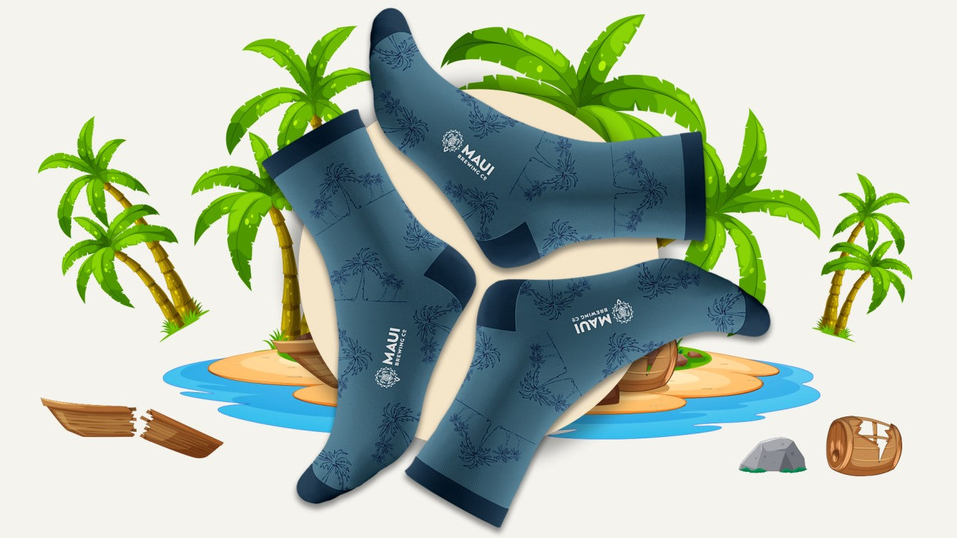 Maui Brewing Company Tropical Palm Tree Crew Socks - Cotton Made Socks - Blue Color Maui Socks