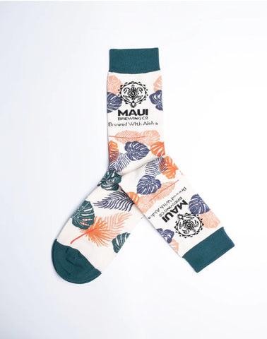 Maui Brewing Company Brewed With Aloha Floral Printed Crew Socks - Cream Color socks