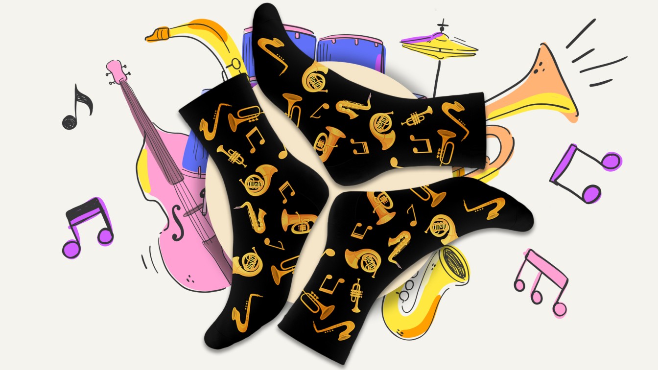 Men's Brass Instruments Jazz Music Crew Socks - Black Color Socks with Gold Print