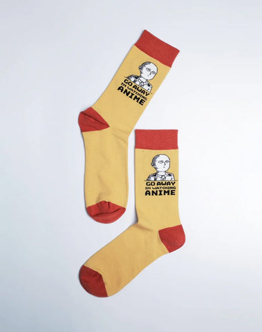 Men's Go Away I'm Watching Anime Crew Socks - Yellow Red Socks