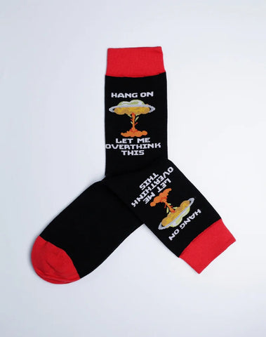Men's Hang On Let Me Overthink This Funny Crew Socks - April Fools Day Cotton Made Black Color Socks