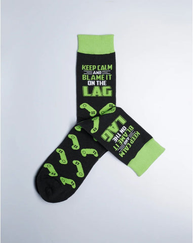 Men's Keep Calm & Blame It On The Lag Gaming Crew Socks - Black Green