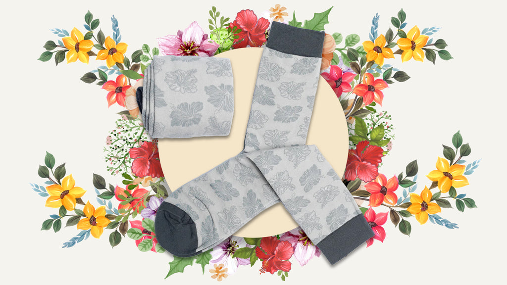 Men's Single Tone Floral Crew Socks Grey Color Socks - Cotton Made Printed
