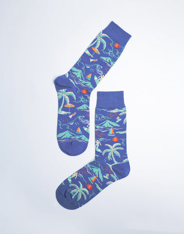 Men's Beach Day Tropical Crew Socks - Blue Colors - Cotton Made