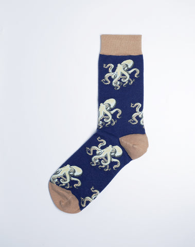 Men's Octo Marine Octopus Crew Socks - Blue Color Socks with Brown Stitched Design