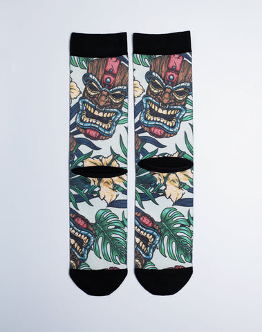 Tiki Tribe Floral Printed Multicolor Crew Socks - Cotton Made - Tribal Mask