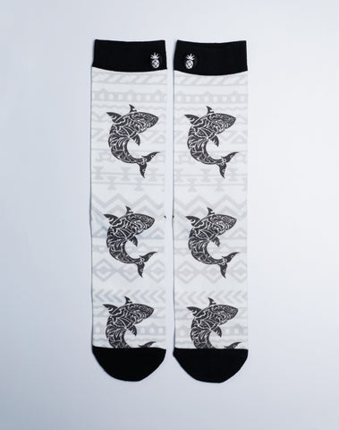 Unisex Tribal Great White Shark Printed Crew Socks - Top 10 Best Animal Theme Socks - Black and White