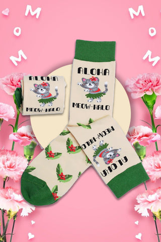 Women's Aloha Meowhalo Cat Crew Socks - Cotton Made Green Color Socks