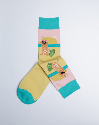Women's Beach Dog Crew Socks - Cotton made Gold Pink Turquoise Color Socks
