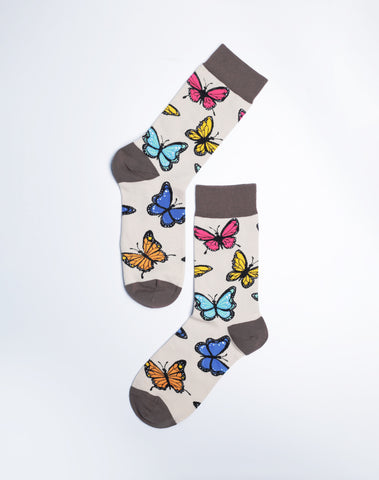 Women's Bunches Of Butterflies Crew Socks - Cotton made - Beige Brown Socks - Top 10 Best Animal Themed Socks