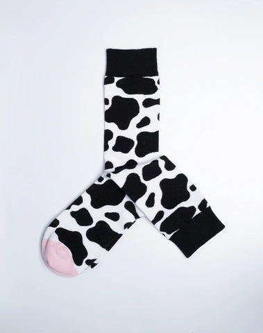 Womens Cowprint Animal Crew Socks - Cotton Made Black and White Socks