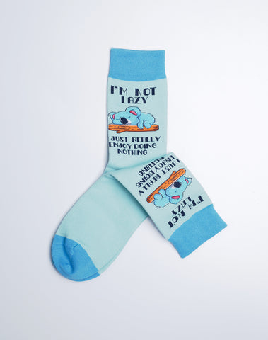 Women's Not Lazy Koala Crew Socks - Light Blue Socks - Cute Funny Socks with Quotes