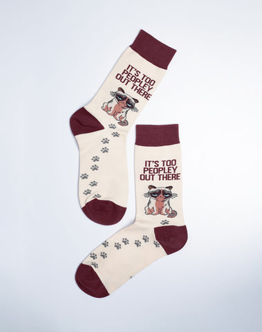 Women's Too Peopley Out There Funny Cat Crew Socks - Beige Cotton Made Printed Socks