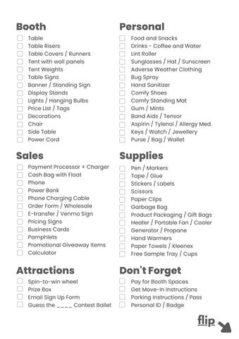 A complete checklist of everything a small business vendor needs to set up a successful booth at a live event. 