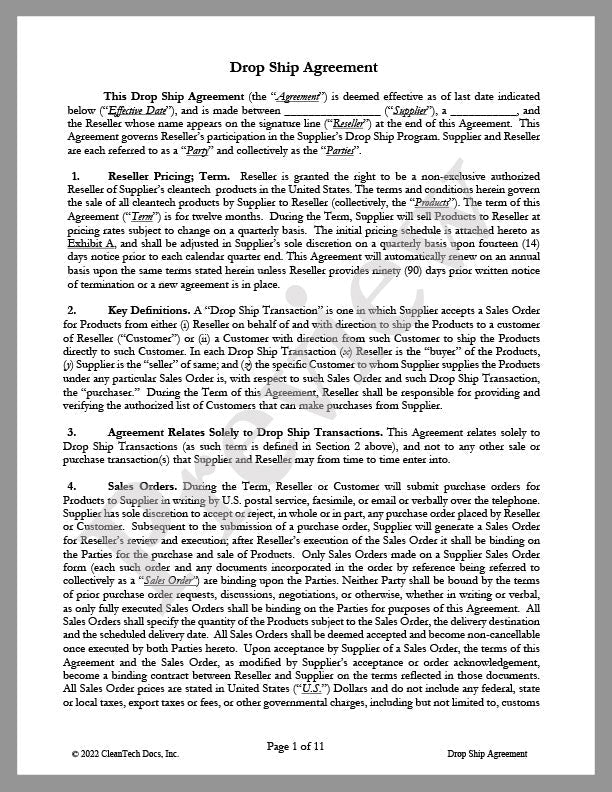 Drop Ship Agreement for CleanTech Products