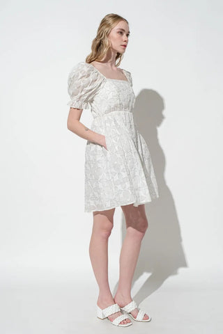 GRACIOUS Floral Square~Neck Puff~Sleeve Dress
