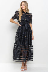 TRYST Stripe Organza Puff~Sleeve Maxi Dress