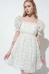 GRACIOUS Floral Square~Neck Puff~Sleeve Dress