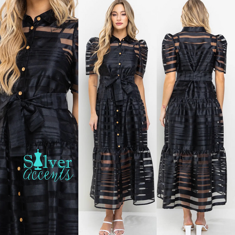 TRYST Stripe Organza Puff~Sleeve Maxi Dress