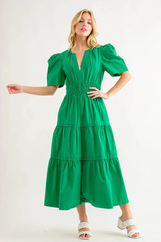 THEORY V~Neck Tiered Puff~Sleeve Dress
