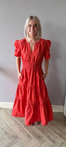 THEORY V-Neck Tiered PuffSleeve Maxi Dress