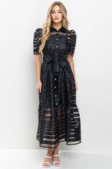 TRYST Stripe Organza Puff~Sleeve Maxi Dress