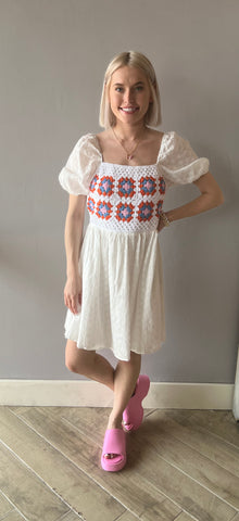 FIJI Crochet Front PuffSleeves Dress