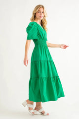 THEORY V~Neck Tiered Puff~Sleeve Dress