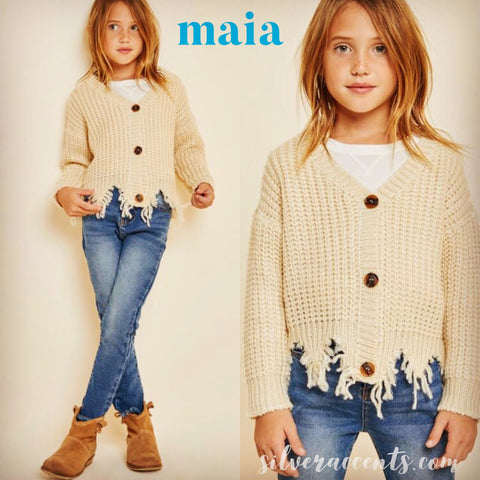 Maia DistressedHem ButtonDown RibKnit Girls’ Cardigan Top