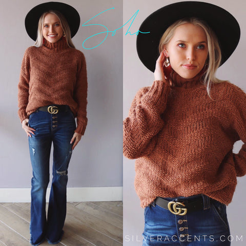 SOHO HiNeck Chenille ChevronKnit Sweater Top