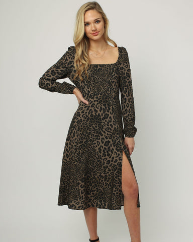 DEAR JOHN Leopard ISABELLE Square Neck Slit Leg Dress