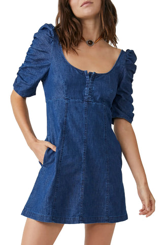 FREE PEOPLE Cheyenne Denim RoucheSleeve Mini Dress