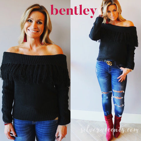 BENTLEY FoldOver OffShoulder Fringe Sweater Top