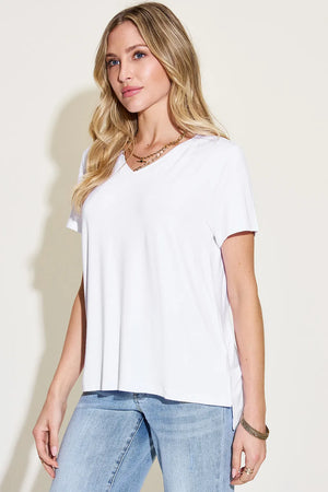 Basic Bae Full Size V-Neck High-Low T-Shirt - Woobilly