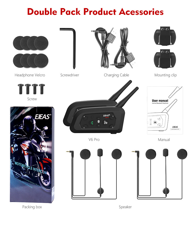 EJEAS V6 PRO 850mAh Bluetooth Motorcycle Intercom Helmet Headset Waterproof  6 Riders 1200m Motorbike Communicator Ear Interphone