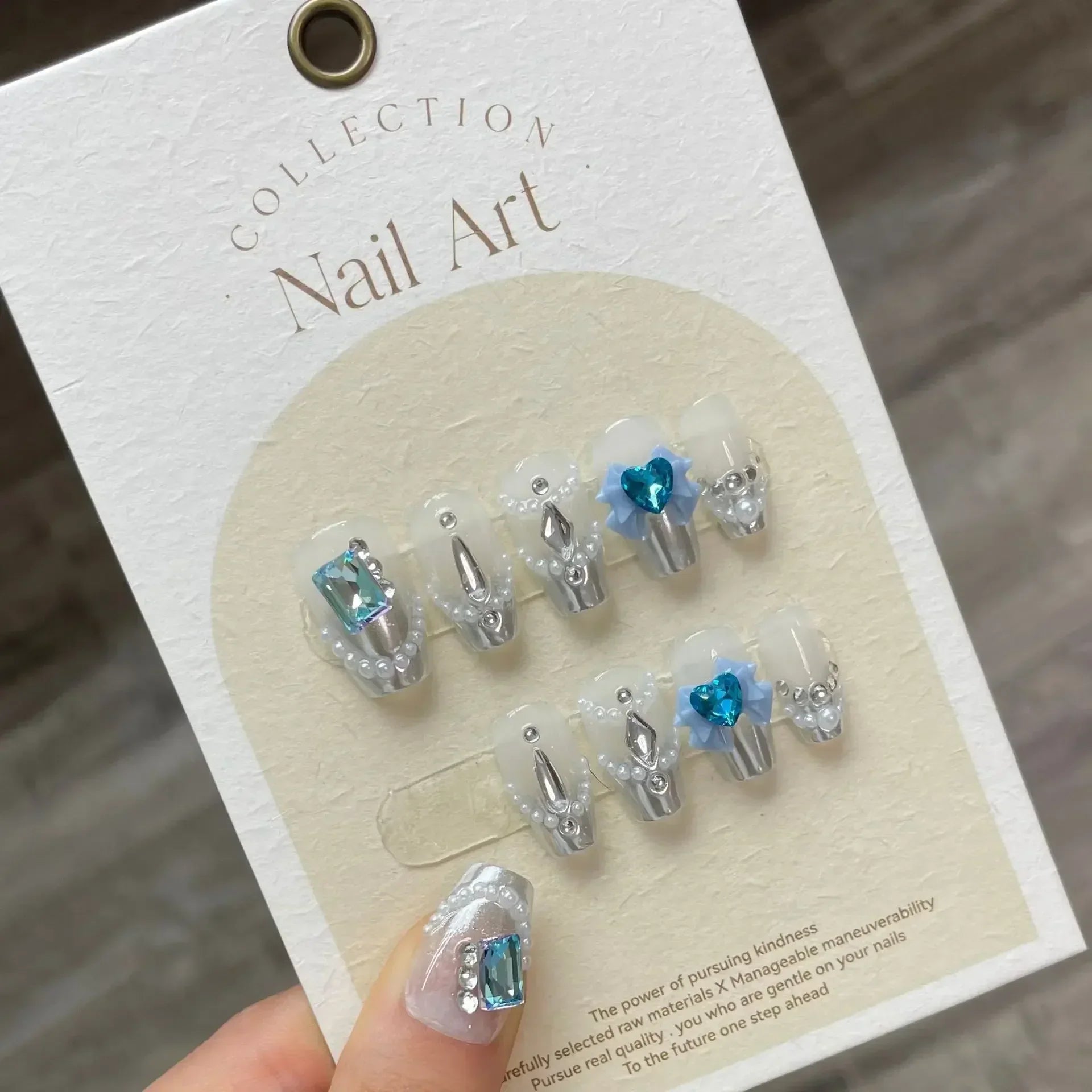 10Pcs Blue Handmade Press On Nails Ballerina French with Rhinestones Wearable False Nails Gradient Decoration Fake Nails Tips