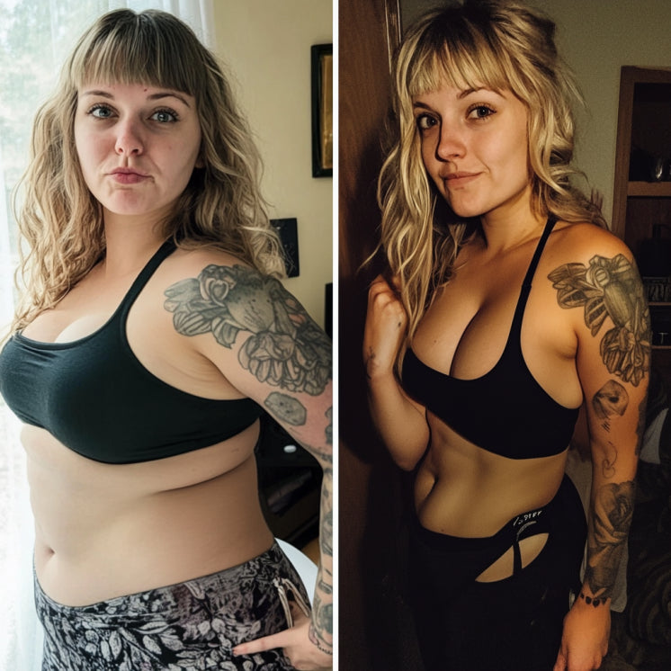 Side-by-side weight loss transformation showcasing a woman before and after.