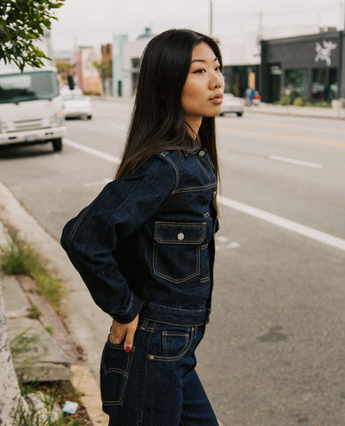 Double denim styled on woman