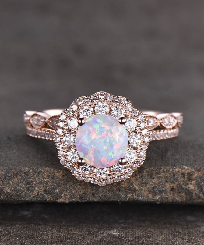 rose gold opal wedding ring set-18k gold opal ring