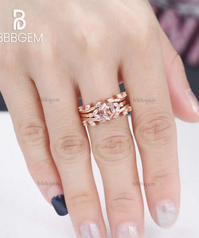 Flower Hexagon Cut Morganite Engagement Ring Set-Unique Open Wedding Band-Leaf Morganite Ring Set Rose Gold